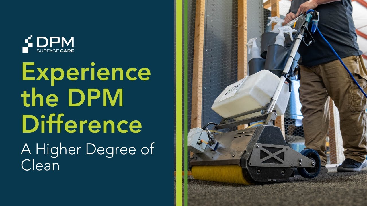 A thumbnail with the title: Experience the DPM Difference - A Higher Degree of Clean with a man holding a vacuum cleaner to clean a carpet.