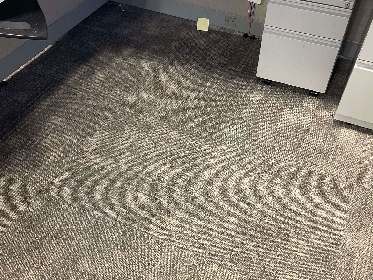 A cleaned carpet in a commercial office cubicle. DPM Surface Care - carpet cleaning services